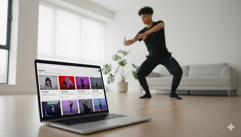 Cómo funciona Duonline - Laptop con interfaz de maestros y persona bailando